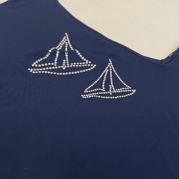 Blumarine Jea Navy Blue V-Neck Top Sailboat Design Size Small Stylish Casual - Picture 3 of 12